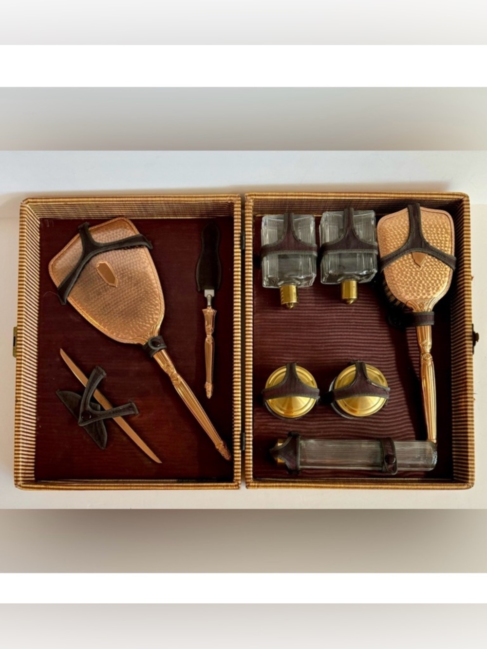 Vintage 1940s  Vanity copper and brass set with the missing comb.